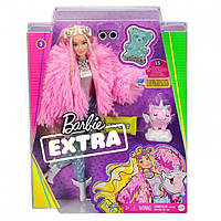 Лялька Барбі Екстра в рожевій пухнастій шубці Стильна Модниця блондинка Barbie Extra Style Doll #3 Pink GRN28