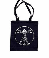 Эко-сумка шоппер Леонардо Да Винчи Витрувианский человек с рисунком ручная роспись ручная работа Без застежки, Чорний