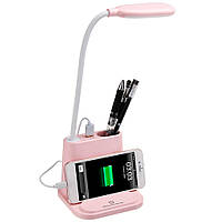 Настільна лампа акумуляторна LOSSO FL-1200 рожева, світильник з акумулятором та USB для заряджання телефону