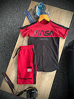 Комплект мужской Футболка + Шорты Nasa летний черно-красный Спортивный костюм Наса с лампасами