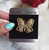 Брошка метелик Колір золото Металевий сплав Прозорі стрази 3.4 см x 3.0 см