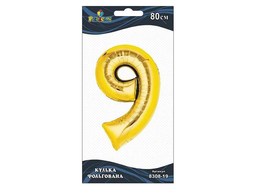 Кулька повітр. фольгована "Цифра-9" 80см золото №830819/Pelican/(1), фото 1