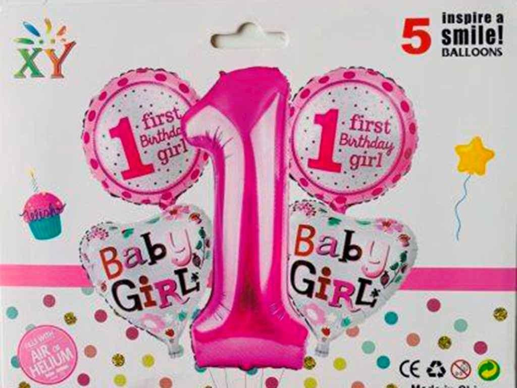 Набір кульок повітр. фольг. "1 рочок для дівчинки" 5шт №836938/Pelican/(10), фото 1