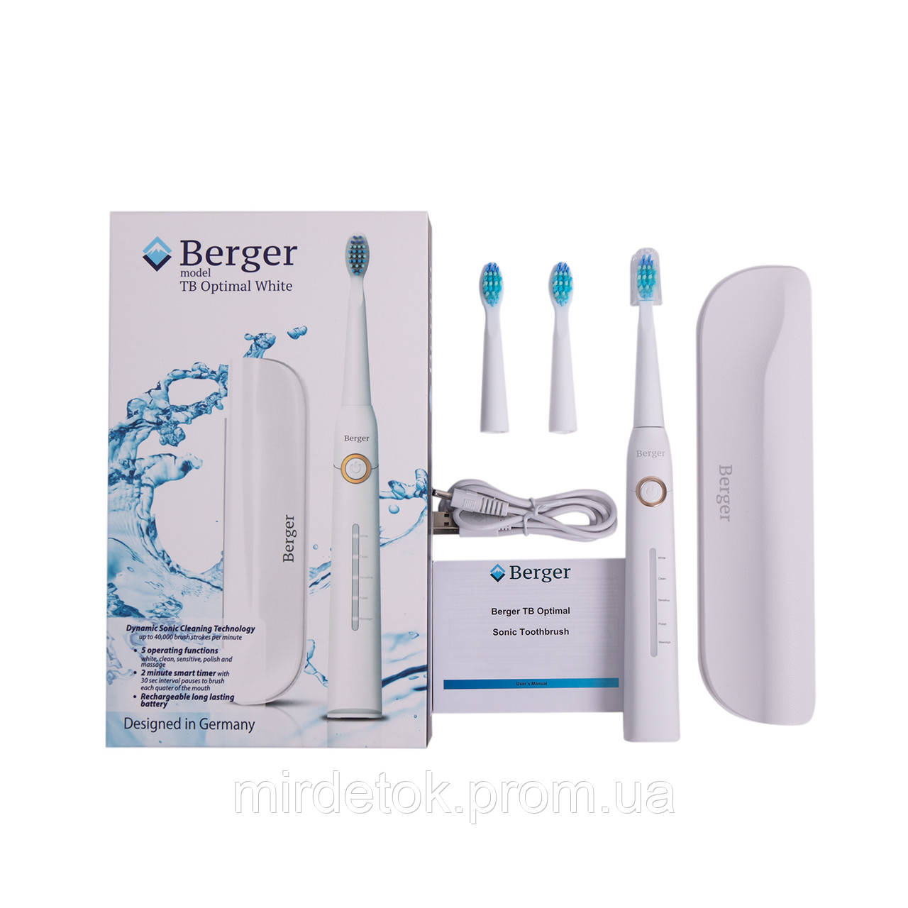 Електрична зубна щітка з 3 насадками Berger TB Optimal White+Case