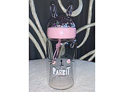 💜Скляна пляшка для води з блискітками 380 мл пляшечка для напоїв Зайчик