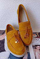 Жіночі лофери Loro piana,жовті замшеві туфлі лоро піана мокасини