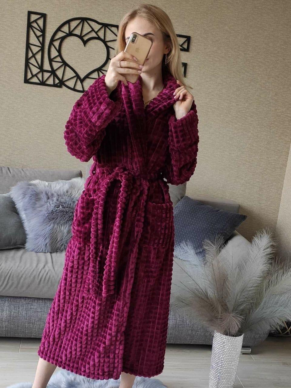 Теплий довгий махровий халат для дому батал великі розміри бордо, фото 1