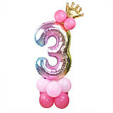 Кулька цифра фольгована в наборі з кулями, Рожевий у наборі 15 латексних куль 1 корона Висота цифри 80 см, фото 2