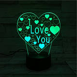 3D Світильник, "I LOVE YOU", Прикольні подарунки на 14 лютого, Подарунки хлопцеві на день закоханих, фото 2