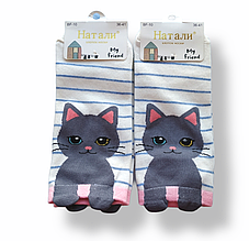 Шкарпетки жіночі з принтом котика мордочки з вушками сірі короткі 36-41 Наталі