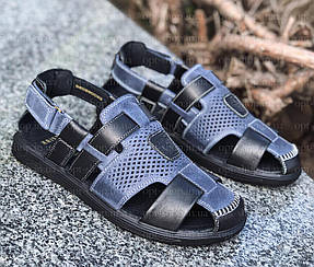 Чоловічі босоніжки шкіряні сандалі сині чорні на повну широку ногу 43 розмір 28,5см