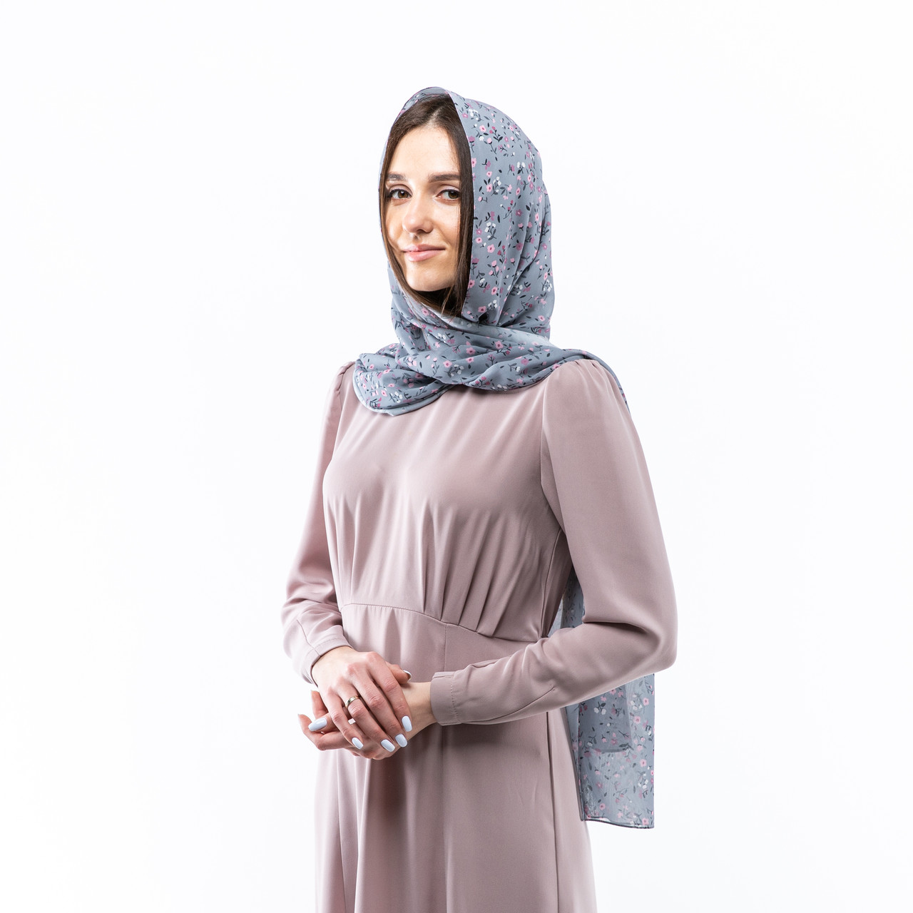 Шарф шифоновий з квітковим принтом 190х70см Сірий, фото 1