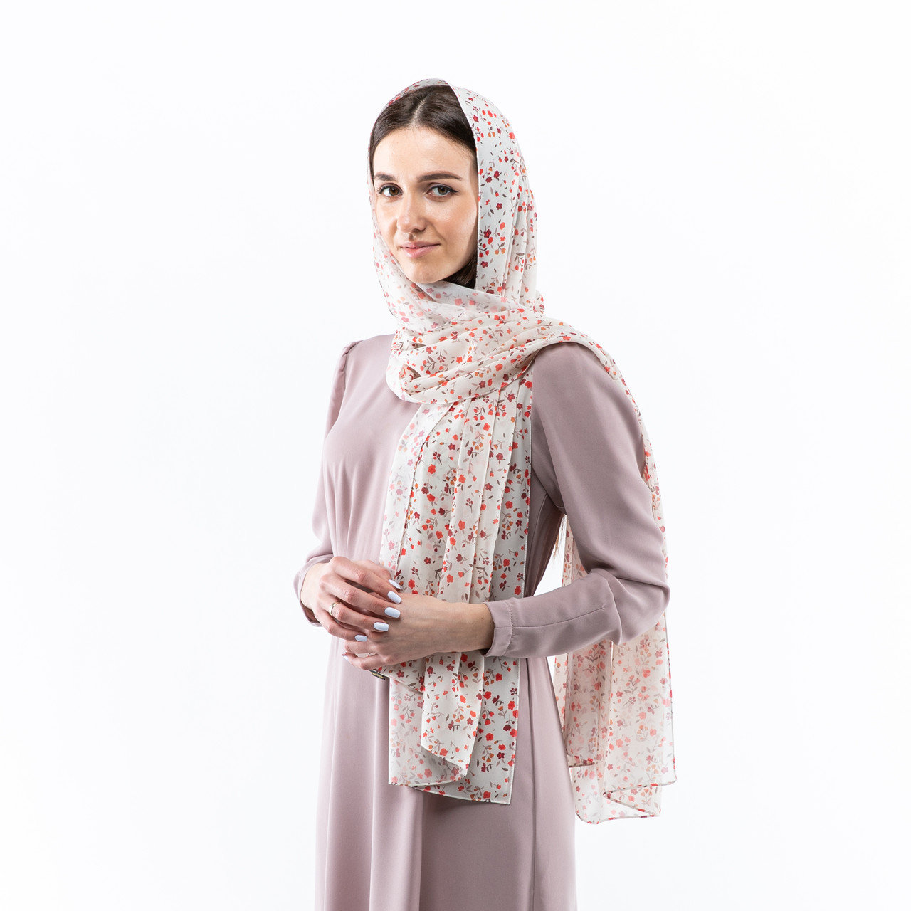 Шарф шифоновий з квітковим принтом 190х70см Кремовий, фото 1