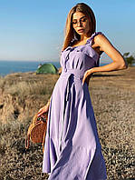 Женский сарафан льняной летний с расклешенной юбкой миди и рюшами (р. 42, 44) 22py2419 S, лаванда