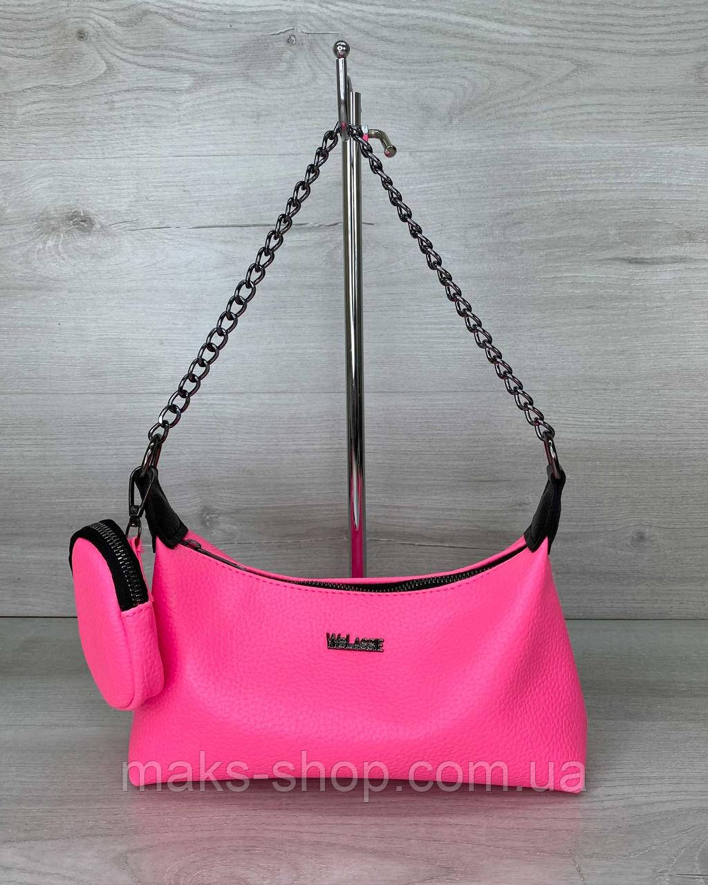 Яскрава жіноча сумка рожева міні з ланцюжком, молодіжна сумочка-багет Лойс