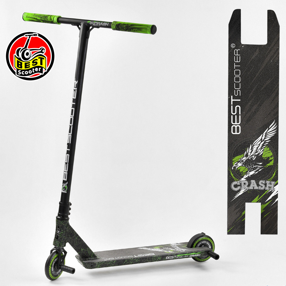 Дитячий трюковий самокат (алюміній, HIC-система, пеги,колеса PU 110 мм) Best Scooter Crash 41747 Чорно-зелений