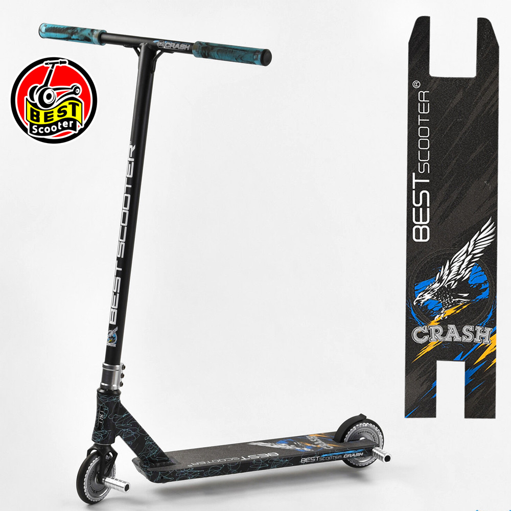 Дитячий трюковий самокат (алюміній, HIC-система, пеги, колеса PU 110 мм) Best Scooter Crash 37890 Чорно-синій, фото 1