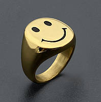 Кольцо Мужское City-A Размер 19 Перстень Печатка из Титановой Стали цвет Золотая Смайл №3145