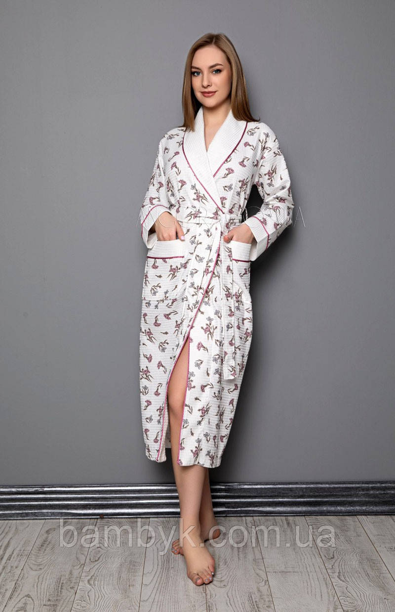 Довгий вафельний халат Nusa кремового кольору NS-0453