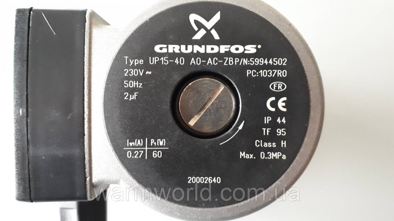 GRUNDFOS Type UP15-40 AO-AC-ZB P/N:59944502 230V 50Hz 2mF PC:1037R0 IP 44 TF 95 Class H Max 0.3Mpa  I(A) P(W) 0.27 60 20002640