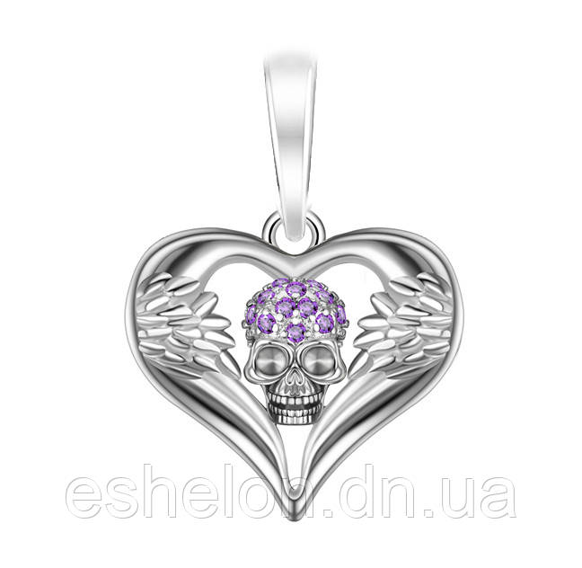 Кулон із срібла Серце з Черепом та крилами, фото 1