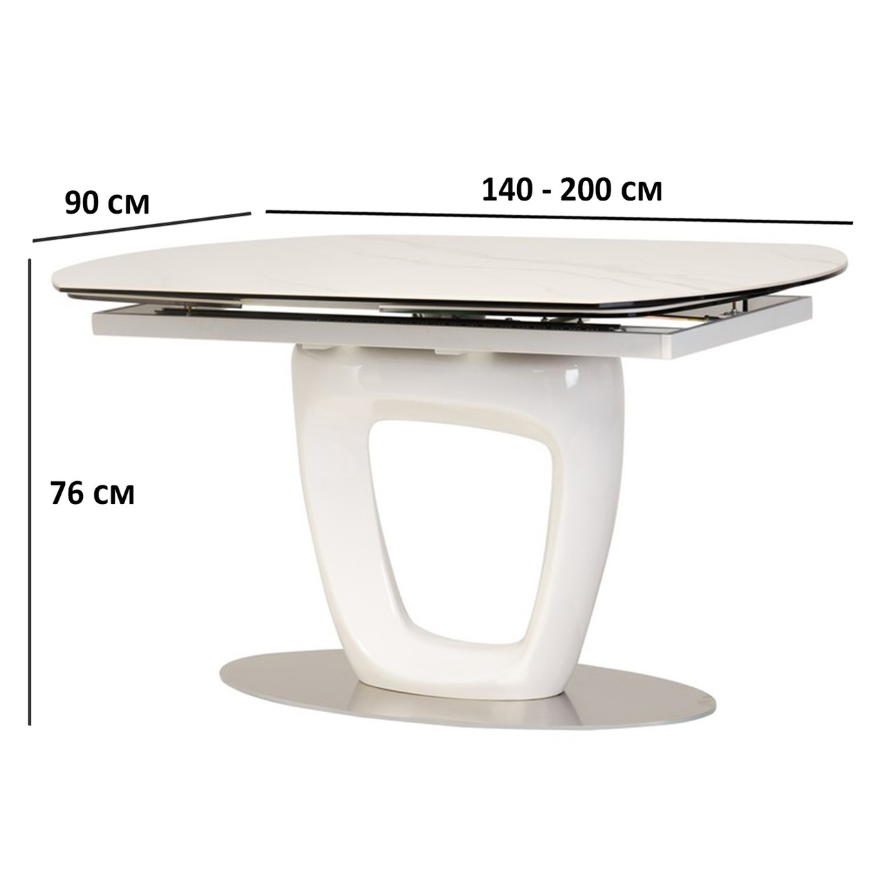 Керамічний розсувний стіл Vetro Mebel TML-825 140-200х90см білий мармур на одній ніжці чорний модерн, фото 1