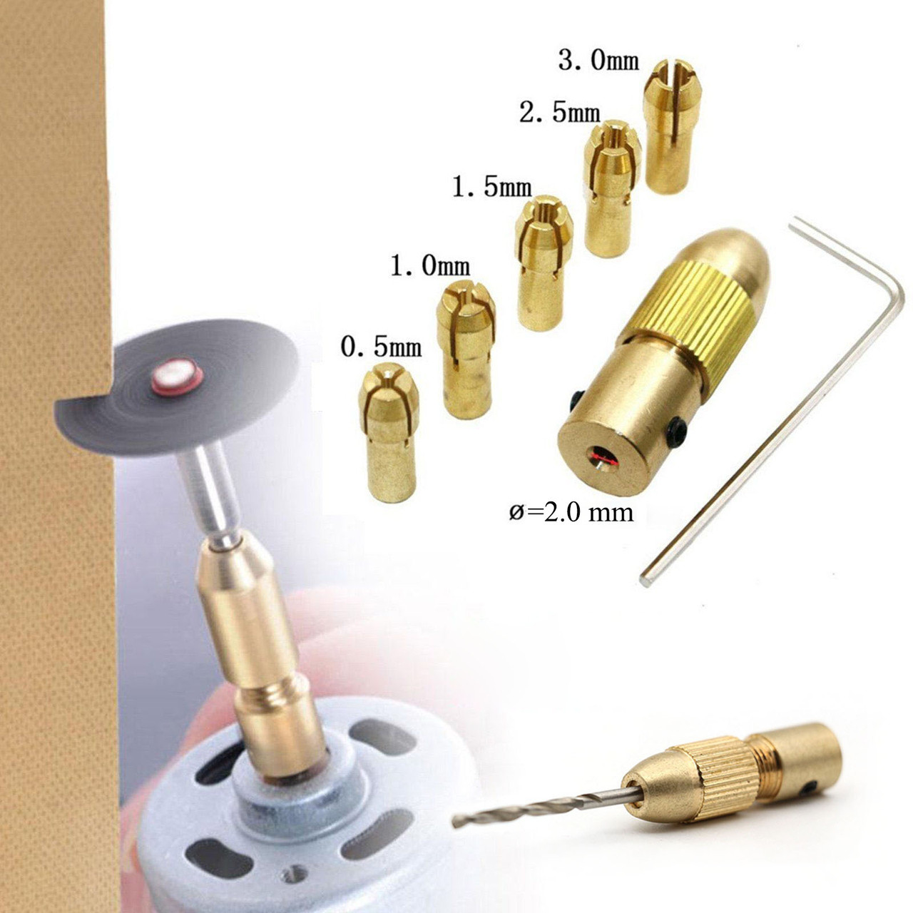Цанговый патрон №1 + 5 цанг 0,5-3.2мм на вал 2.0мм для мини электро дрель дремель Dremel - фото 2 - id-p524811016