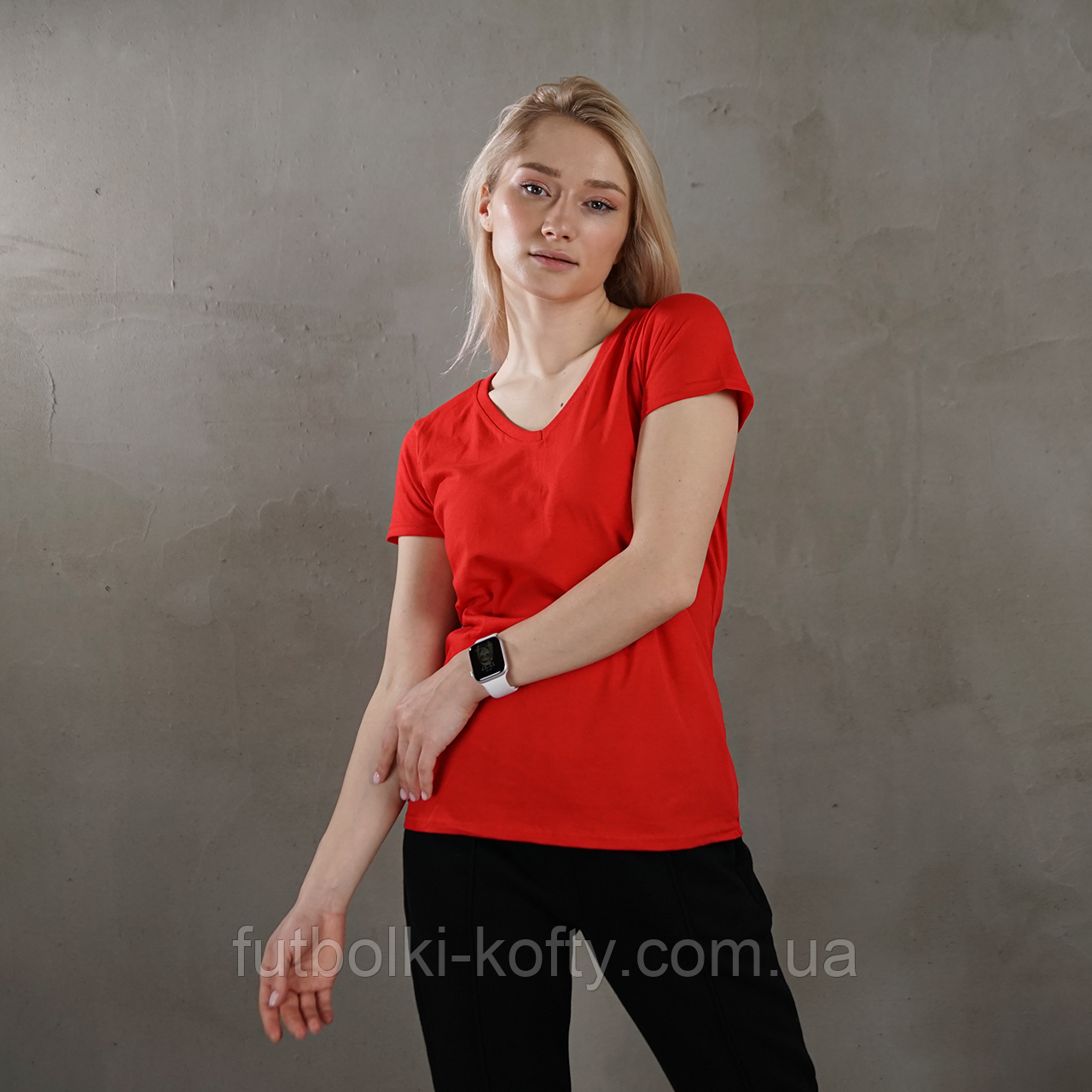 Червона жіноча футболка з V-подібним вирізом Lady-fit v-neck Fruit of the Loom, фото 1