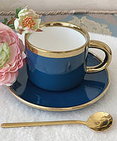 💜Стильна чашка з блюдцем і ложкою 240 мл Синій