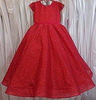 Червона ошатна дитяча сукня з гліттеру з коротким рукавчиком і корсом на 6-7 років
