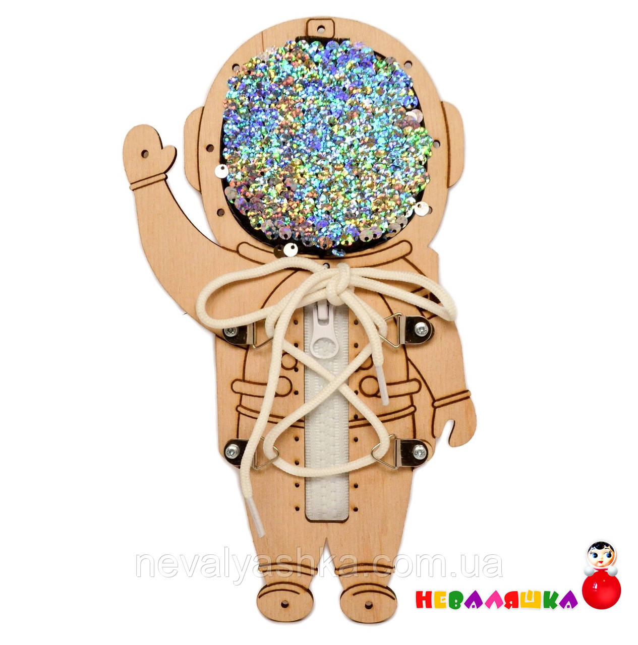 Заготівля для Бизиборда Космонавт 22 см Повний Комплект 3в1 (Паєтки, Блискавка, Шнурівка) з Паєтками