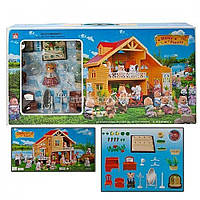 Двоповерхова дерев'яна віла з левицею, меблями, городом і світною лампою