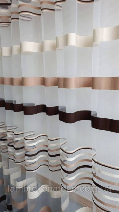 Готова тюль 6м/2,5м із смужками коричневого кольору для кухні, фото 1