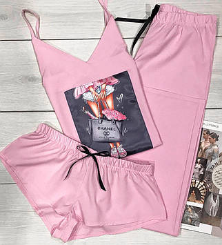 Рожева жіноча піжама Домашній комплект Майка + шорти + штани