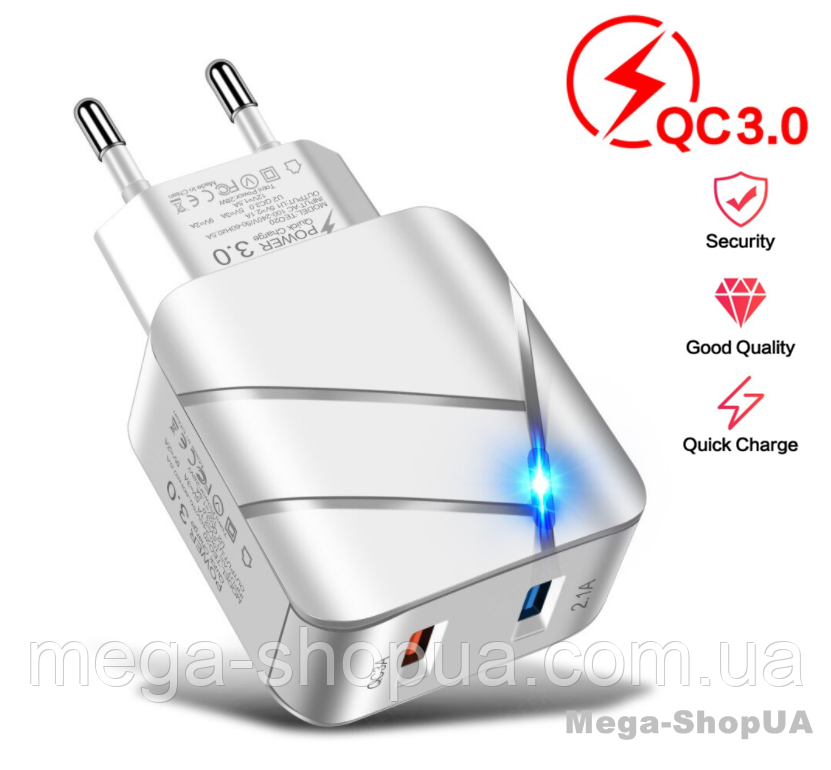 Мережевий зарядний пристрій для швидкого заряджання 2 port USB QC3.0 зарядний блок для телефону смартфона