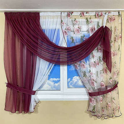 Фіранка на кухню з квітковим принтом №434 бордова, фото 1