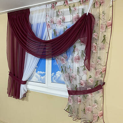 Фіранка на кухню з квітковим принтом №434 бордова, фото 2