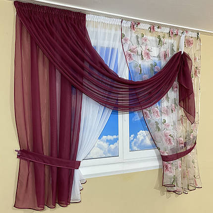 Фіранка на кухню з квітковим принтом №434 бордова, фото 3