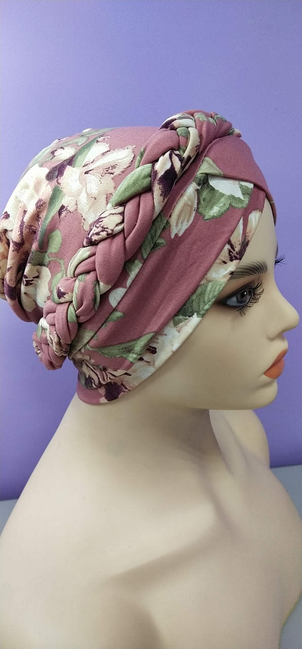 Чалма шапочка 54-60рр пудрова з принтом квіти, фото 1