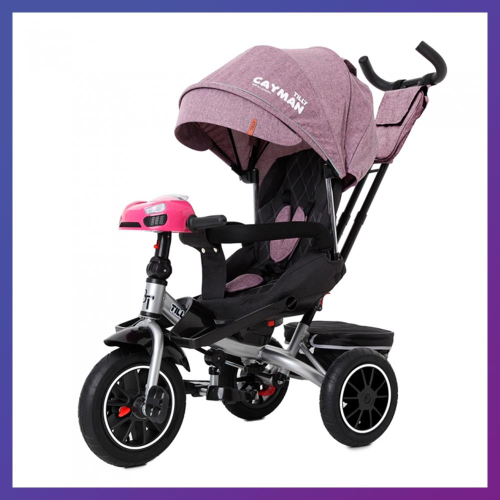 Дитячий триколісний велосипед-коляска на надувних колесах TILLY CAYMAN T-381 сидіння 360° фіолетовий