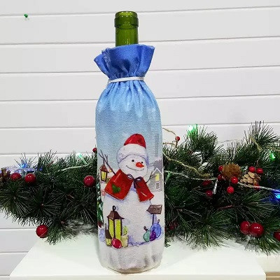 Новорічний чохол на пляшку блакитний Сніговик розмір мішка 25*13см, текстиль, фото 1