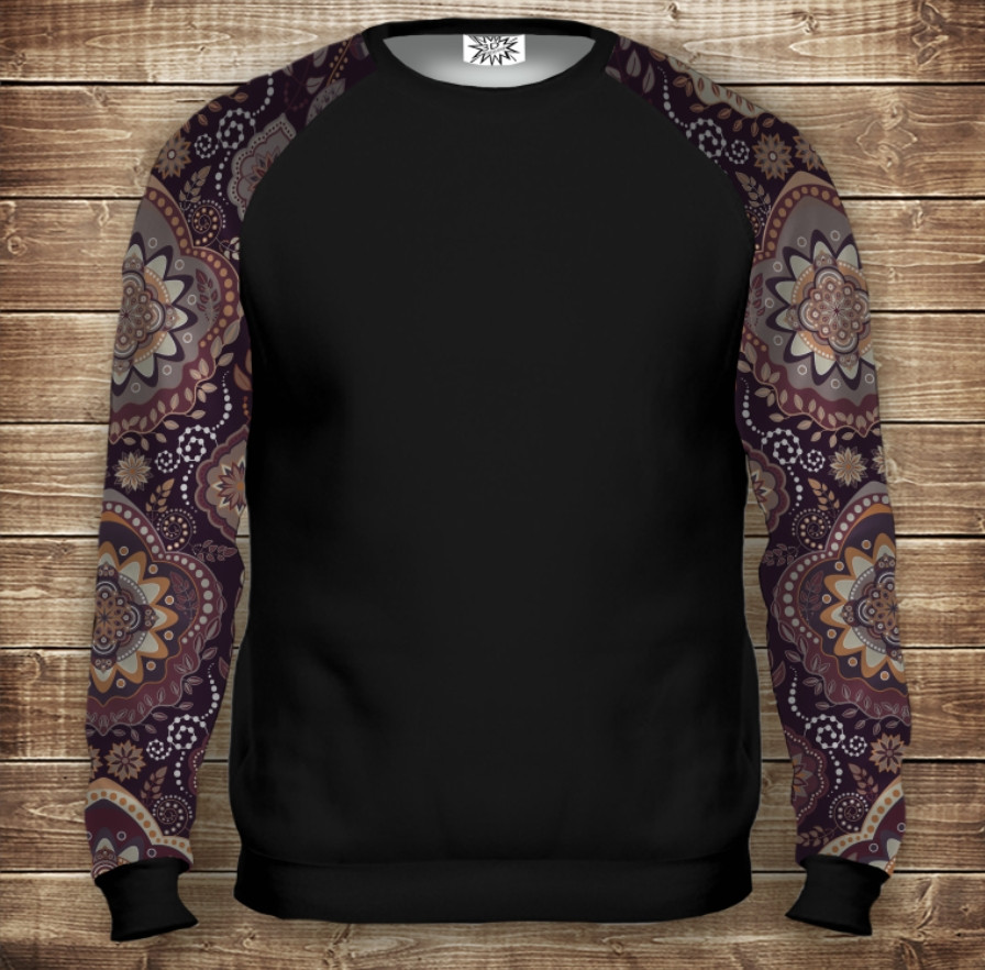 Світшот-реглан з 3D принтом на тему: Індійські орнаменти. Фіолетовий тон. Дорослі та Дитячі розміри ВСІ Розміри, фото 1