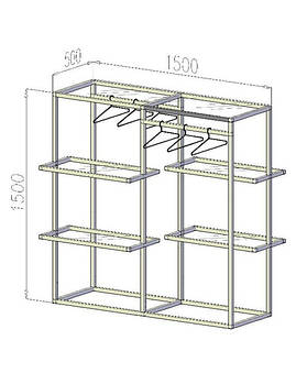 Стійка для одягу двосекційна з полицями.