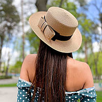 Капелюх жіночий літній канотьє з бантом бежевий