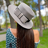 Капелюх жіночий літній канотьє з бантом сірий