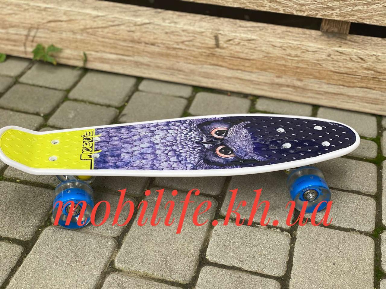 Скейт Пенні Борд/Світяться Колеса/Колеса 6см PU ABEC – 7/Скейт Best Board/Малюнок Сова/