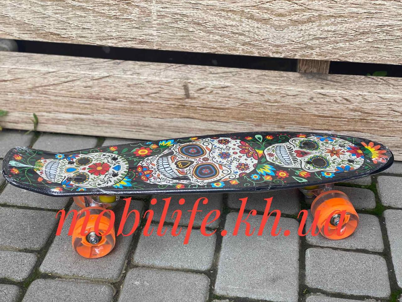 Скейт Пенні Борд/Світяться Колеса/Колеса 6см PU ABEC – 7/Скейт Best Board/Малюнок Черепа/
