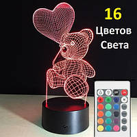 3D светильник "Мишка с сердцем", подарунок дівчинці на день народження, подарок девочке на день рождения