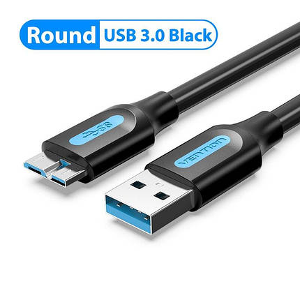 Кабель USB-MicroUSB-B 3.0 Vention PVC Round nickel-plated 5Gbps 3m Black (COPBI), фото 3