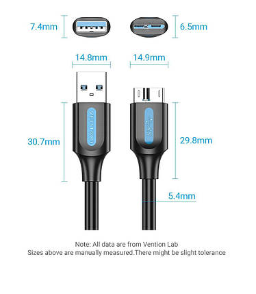 Кабель USB-MicroUSB-B 3.0 Vention PVC Round nickel-plated 5Gbps 0.5m Black (COPBD), фото 3